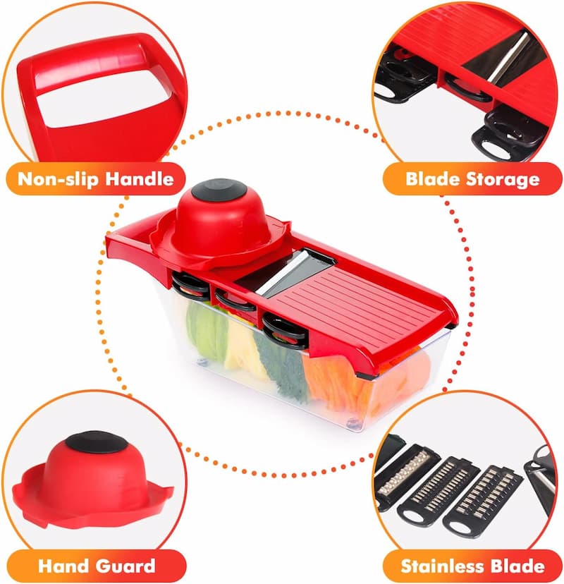 10-in-1 Multi-functional Vegetable Slicer & Shredder | Mandoline Cutter with 6 Blades & Hand Guard