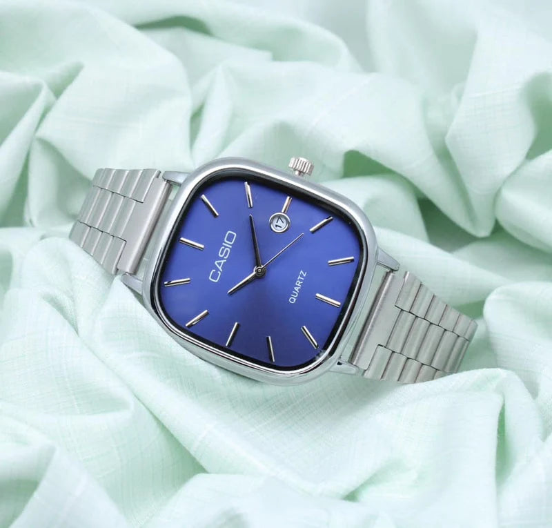 Casio Vintage Square Analog Watch | Stainless Steel Bracelet & Sunburst Green Dial