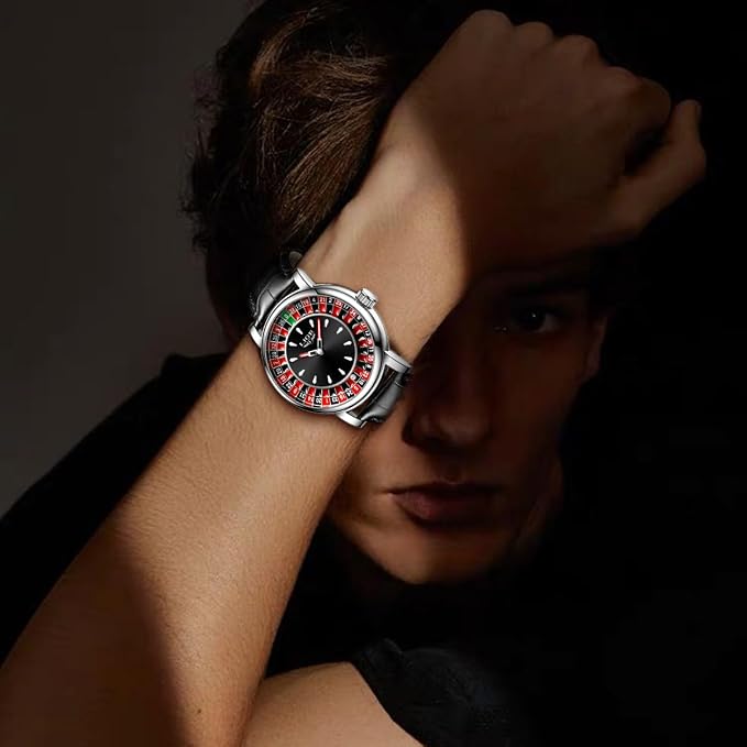 LIGE Men's Casino Roulette Wheel Watch | Interactive Quartz Analog Leather Wristwatch