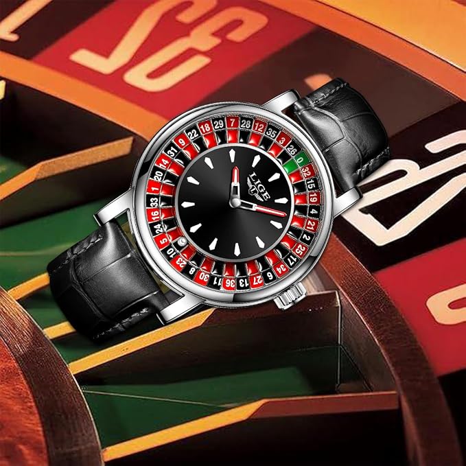 LIGE Men's Casino Roulette Wheel Watch | Interactive Quartz Analog Leather Wristwatch