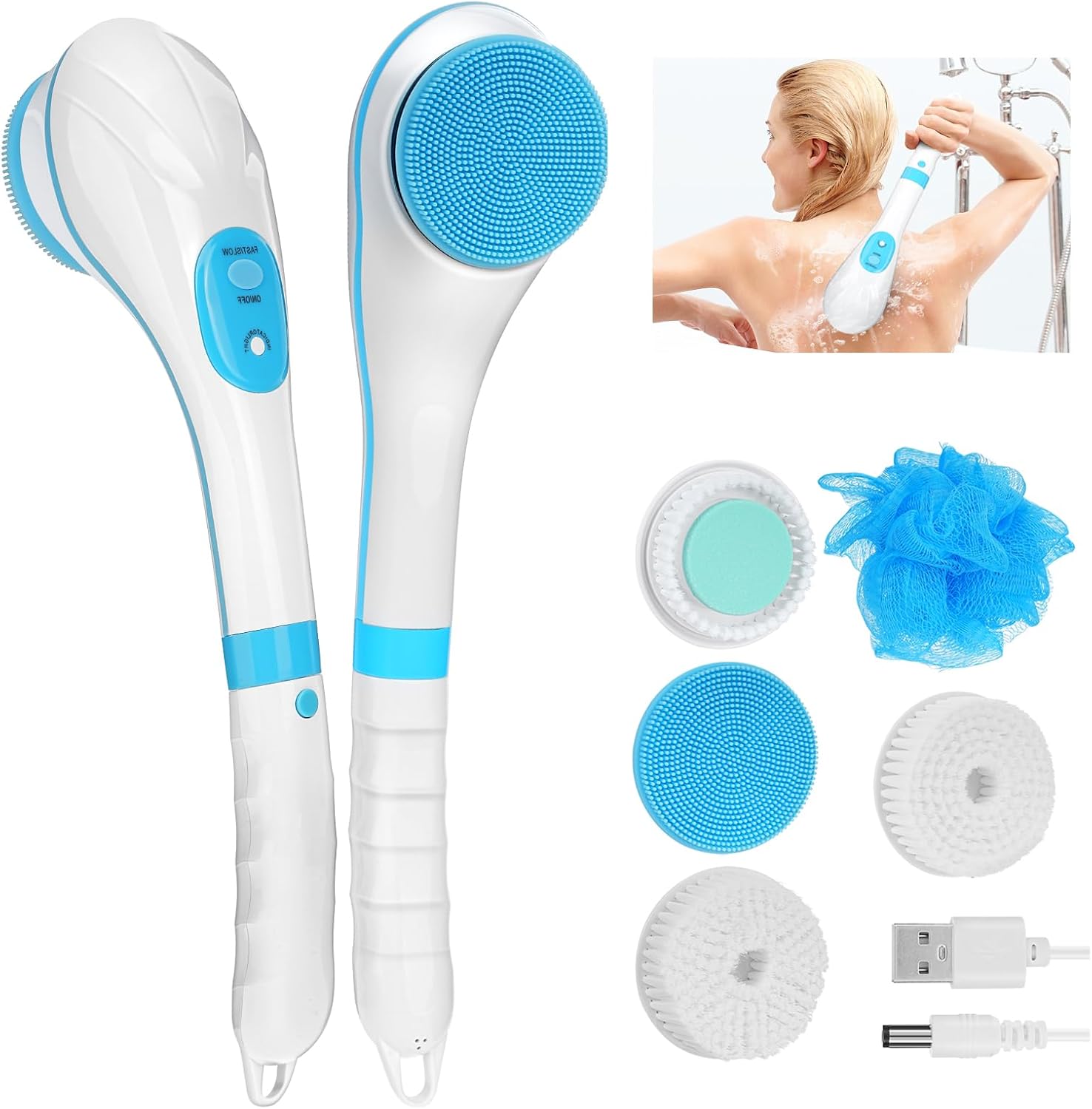 Brrnoo 360° Electric Body Bath Brush & Back Scrubber | 5-in-1 IPX7 Waterproof Shower Massager
