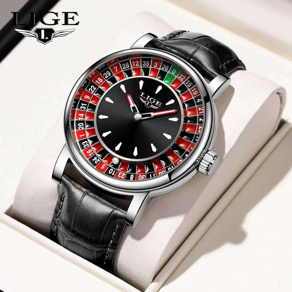LIGE Men's Casino Roulette Wheel Watch | Interactive Quartz Analog Leather Wristwatch