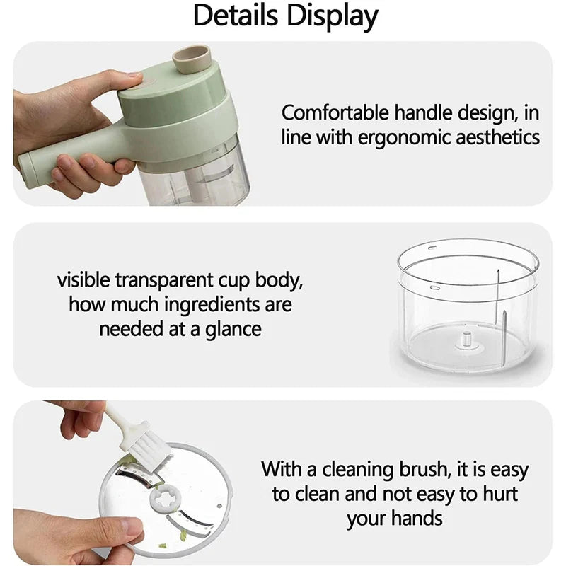 4-in-1 Handheld Electric Vegetable Cutter & Garlic Slicer | Cordless Food Chopper with Filling Hole