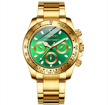 Gold Stainless Steel Men's Dress Watch | IP Plated Quartz Wristwatch with Crystal Index & Date Display