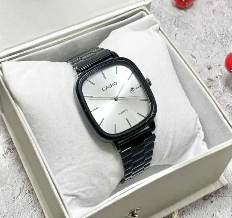 Casio Vintage Square Analog Watch | Stainless Steel Bracelet & Sunburst Green Dial