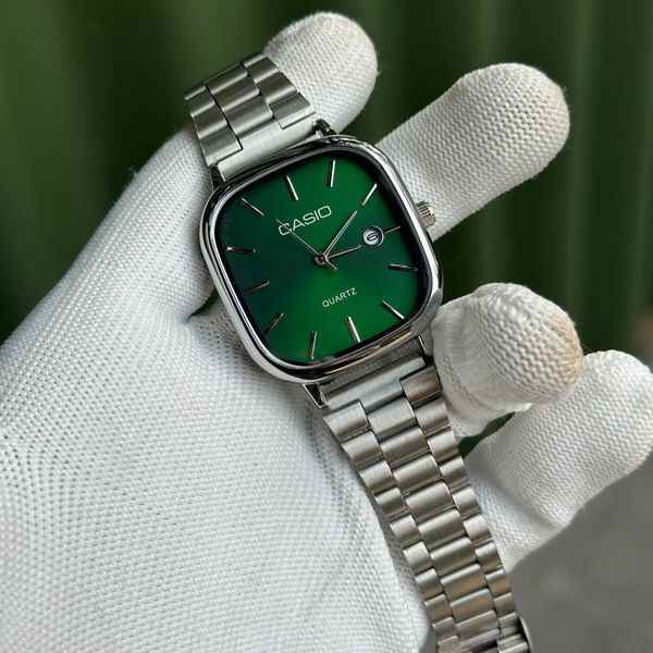 Casio Vintage Square Analog Watch | Stainless Steel Bracelet & Sunburst Green Dial