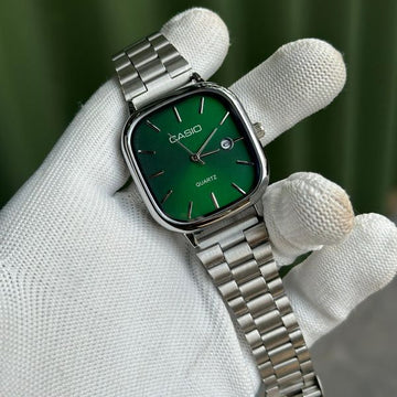 Casio Vintage Square Analog Watch | Stainless Steel Bracelet & Sunburst Green Dial