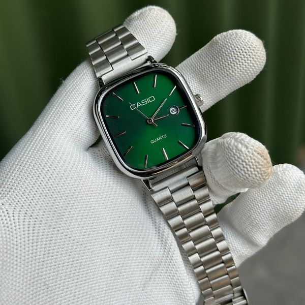 Casio Vintage Square Analog Watch | Stainless Steel Bracelet & Sunburst Green Dial