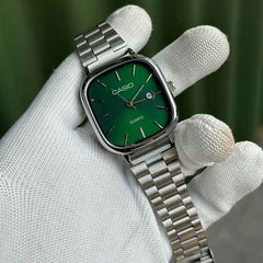 Casio Vintage Square Analog Watch | Stainless Steel Bracelet & Sunburst Green Dial