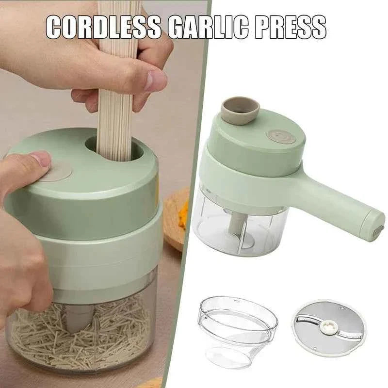 4-in-1 Handheld Electric Vegetable Cutter & Garlic Slicer | Cordless Food Chopper with Filling Hole