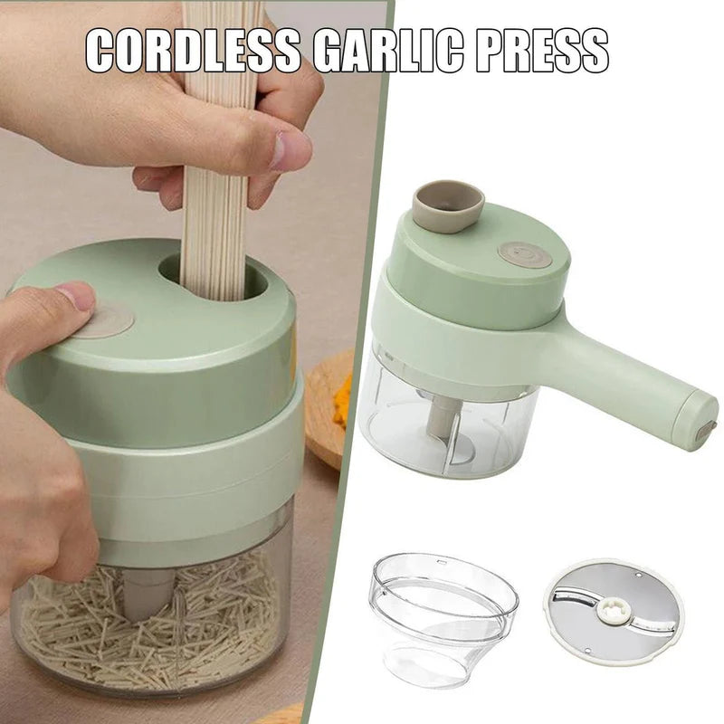 4-in-1 Handheld Electric Vegetable Cutter & Garlic Slicer | Cordless Food Chopper with Filling Hole
