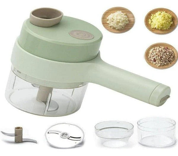 4-in-1 Handheld Electric Vegetable Cutter & Garlic Slicer | Cordless Food Chopper with Filling Hole