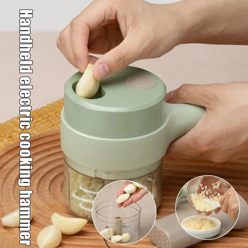 4-in-1 Handheld Electric Vegetable Cutter & Garlic Slicer | Cordless Food Chopper with Filling Hole