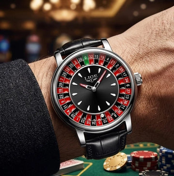 LIGE Men's Casino Roulette Wheel Watch | Interactive Quartz Analog Leather Wristwatch