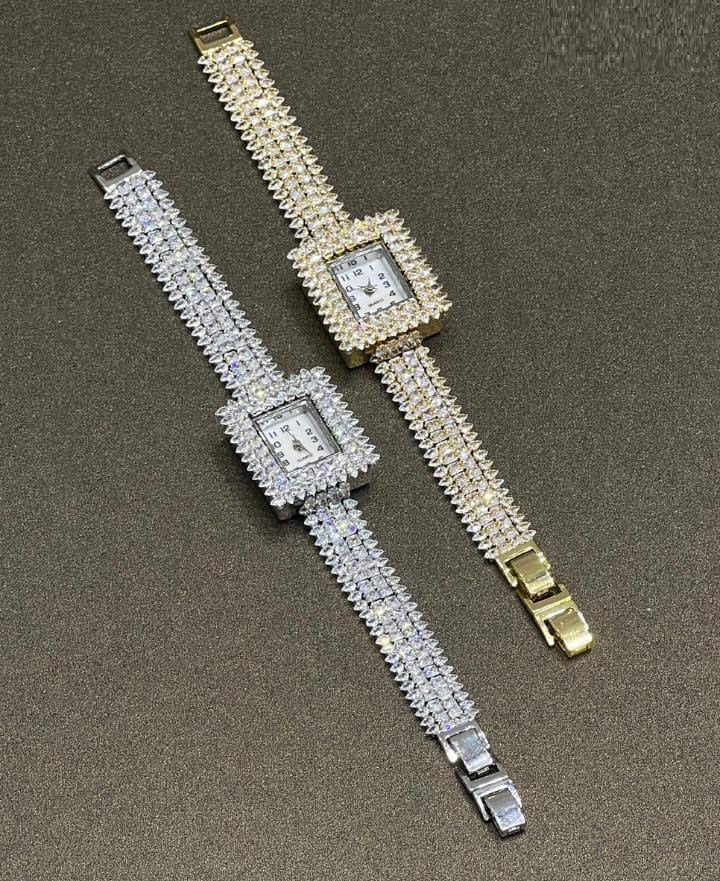 Luxury Square Crystal Bracelet Watch for Women | Gold & Silver Iced-Out Jewelry Wristwatch
