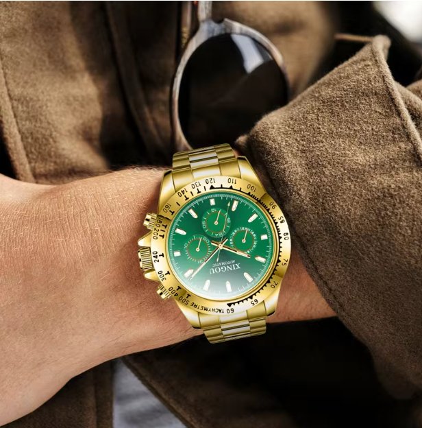 Gold Stainless Steel Men's Dress Watch | IP Plated Quartz Wristwatch with Crystal Index & Date Display