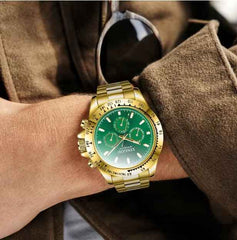 Gold Stainless Steel Men's Dress Watch | IP Plated Quartz Wristwatch with Crystal Index & Date Display